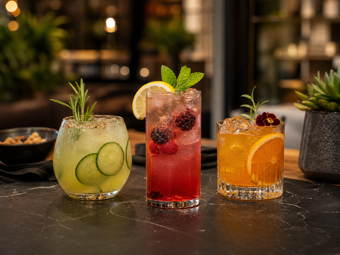 Zero-proof drinks with fruit and herbs