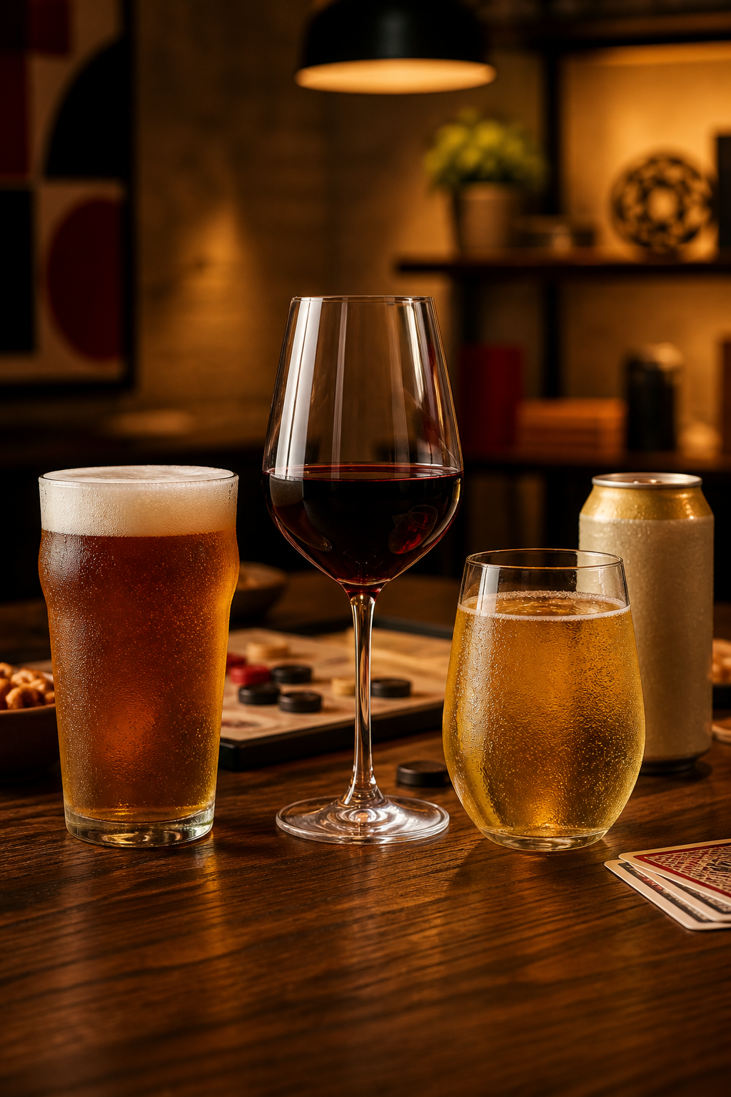 Beer, wine, and hard cider served in a board game lounge