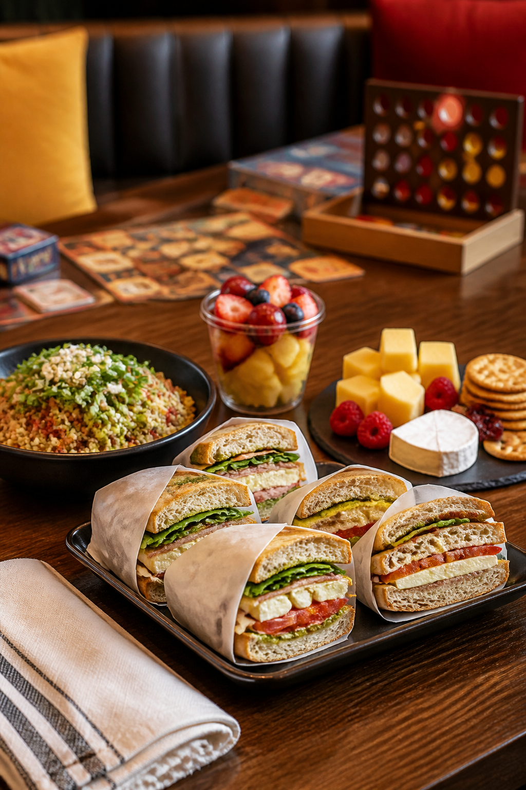Locally sourced light fare with sandwiches, salad, fruit, cheese, and crackers