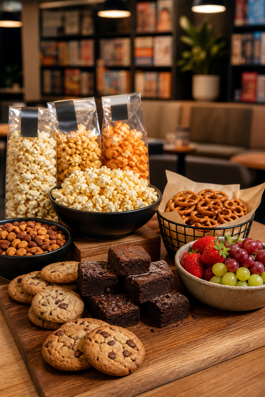 Popcorn, pretzels, nuts, cookies, brownies, and fresh fruit