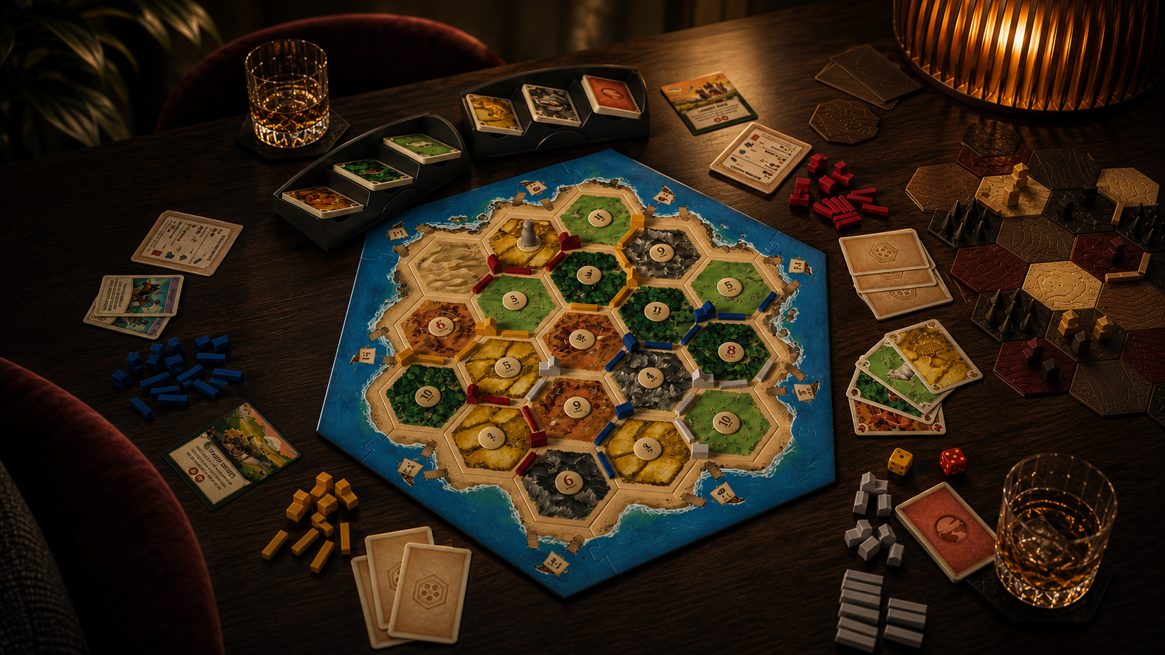 A strategy board game arranged on a warmly lit lounge table
