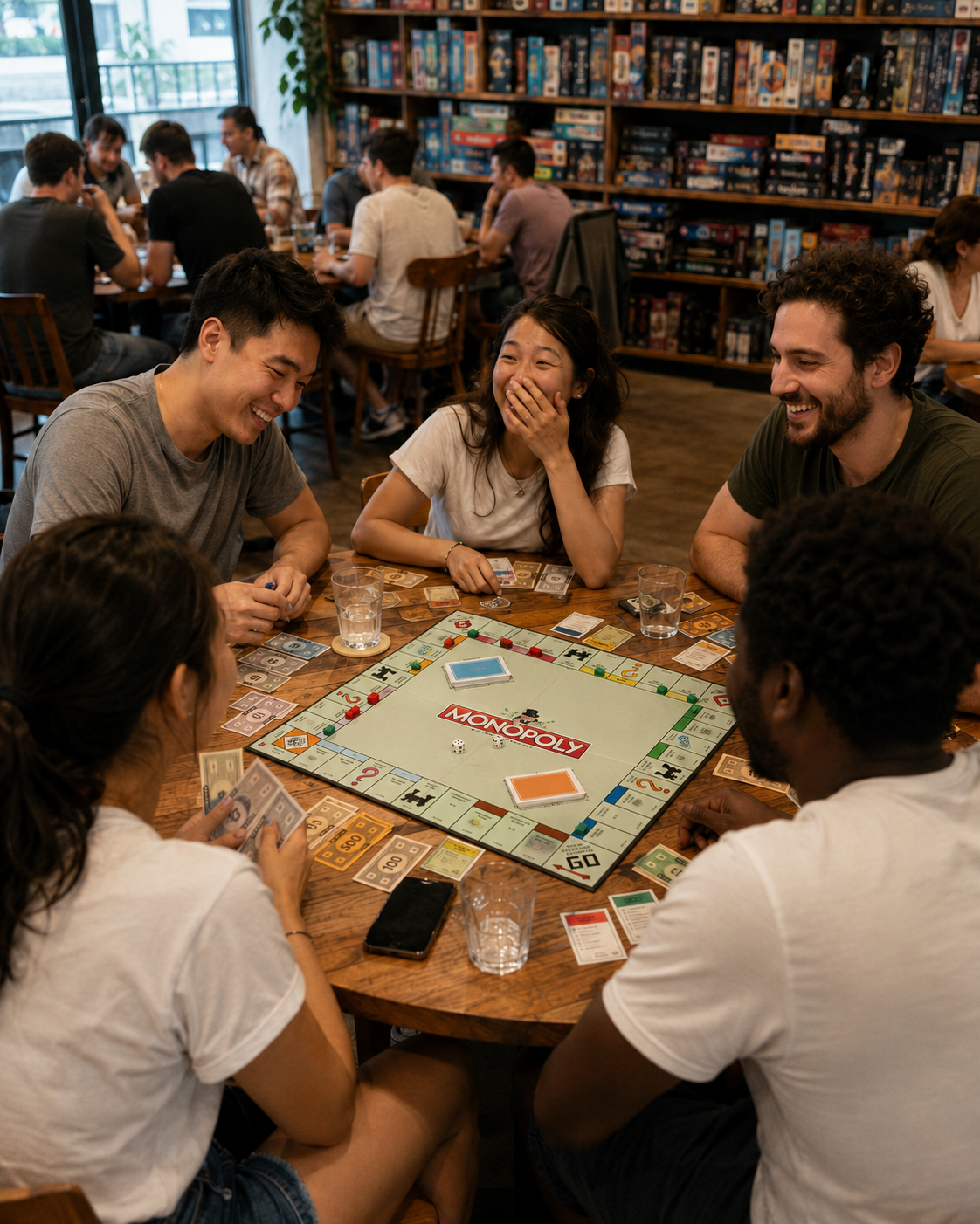 Friends gathered around a board game in a lounge